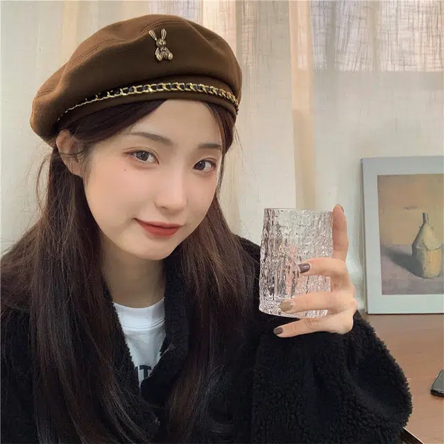 浪莎 韩系可爱兔子链条保暖画家帽百搭学院风显脸小 棉 贝雷帽 女款