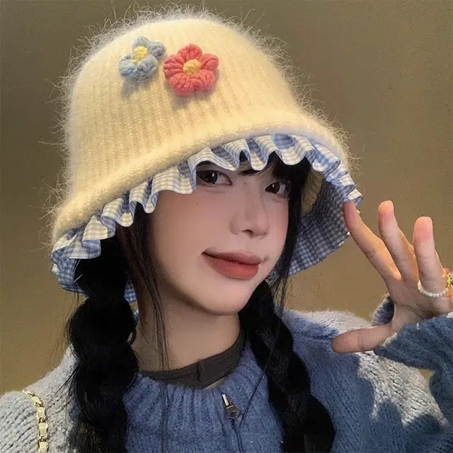浪莎 温柔甜美花朵保暖百搭格子花边 獭兔毛 绒线帽 女款