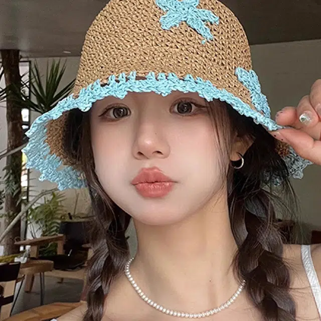 浪莎 小清新手工花朵户外骑车出行遮脸沙滩度假遮阳编织 草编 防晒帽 女款