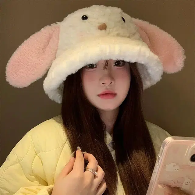 浪莎 小兔耳朵羊羔毛渔夫帽女生秋冬季通勤百搭可爱保暖毛茸茸盆帽学生渔夫帽 涤纶 渔夫帽 女款