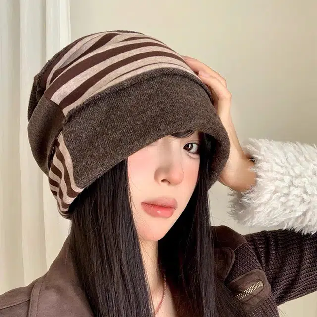 浪莎 冷帽高级感条纹拼色保暖针织帽小众设计显脸小堆堆帽 棉  绒线帽 男女同款情侣款