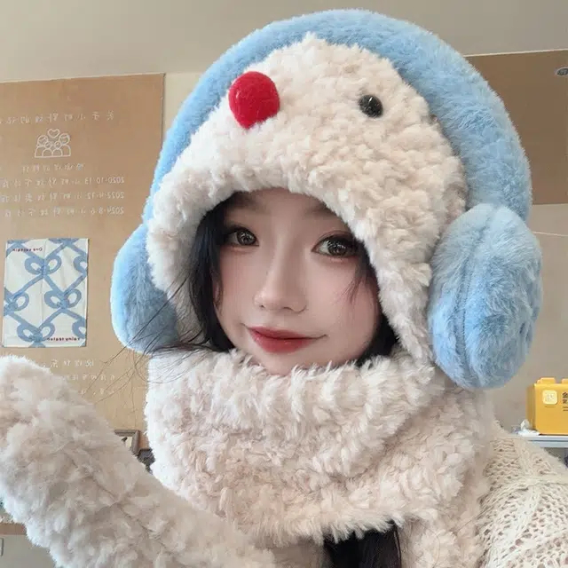 【暖冬力荐】 浪莎 可爱红鼻子小雪人羊羔绒帽子女生学生冬季围巾手套加厚保暖三件套绒线帽 涤纶 绒线帽 女款