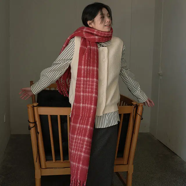 浪莎 韩版圈圈纱复古蓝红色格纹马海毛秋冬季氛围感加大加厚披肩围脖 礼盒装 绒线围巾 男女同款情侣款