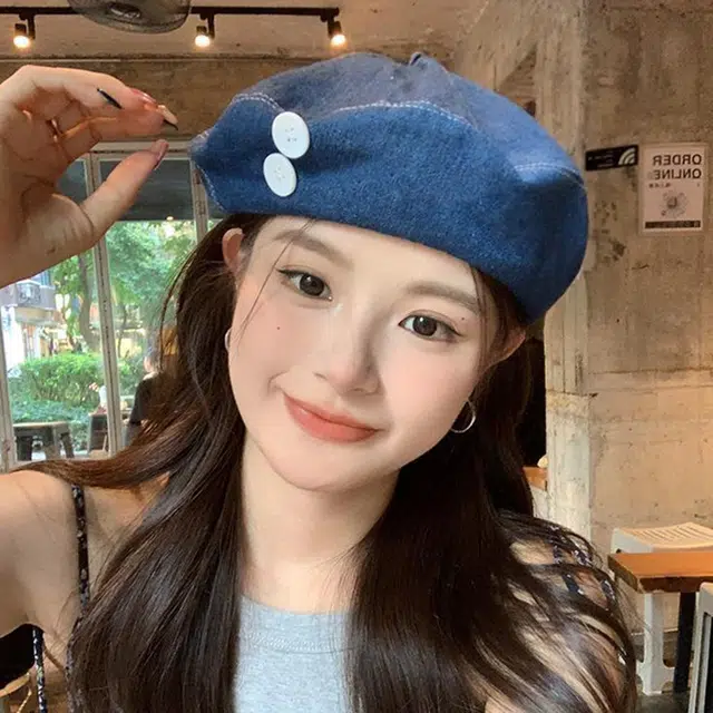 浪莎 甜美纽扣牛仔韩版蓓蕾画家大头围显脸小云朵 棉 贝雷帽 女款