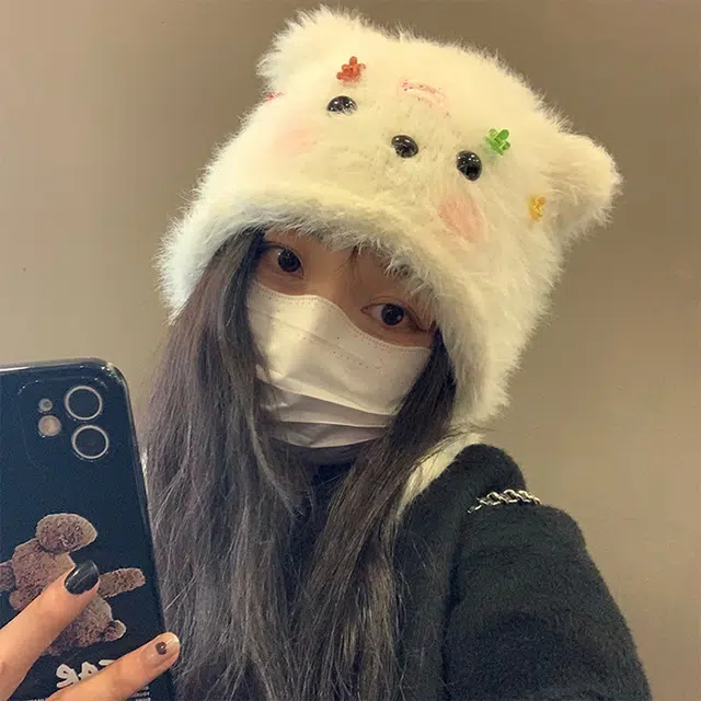 浪莎 可爱腮红小熊毛绒帽子女生冬季卡通可爱小夹子手工编织骑行保暖护耳绒线帽 涤纶 绒线帽 女款