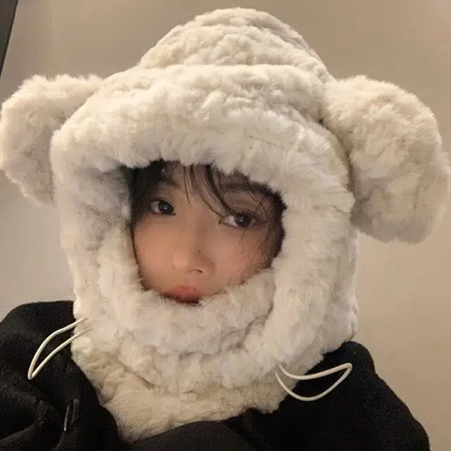 浪莎 可爱毛绒小熊护耳绒线帽女生冬季加厚加绒滑雪防寒口罩骑车通勤保暖雷锋帽 涤纶 绒线帽 男女同款情侣款