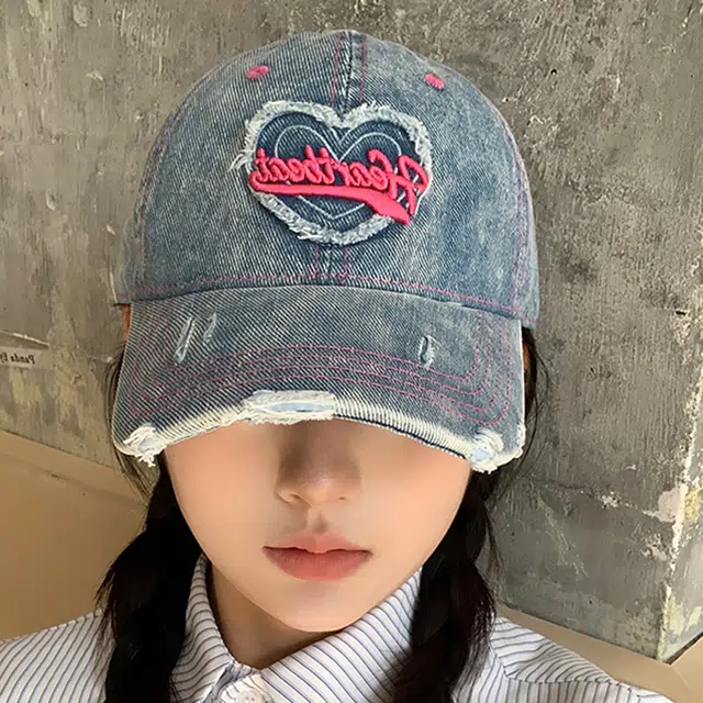 浪莎 春夏季爱心水洗做旧牛仔刺绣棒球帽户外出行甜酷辣妹防晒遮阳时尚潮流百搭大头围显脸小 棉 鸭舌帽 男女同款情侣款