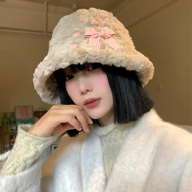 浪莎 软软糯糯百搭蝴蝶结星星毛绒渔夫帽女生可爱百搭保暖加厚显脸小盆帽 涤纶 渔夫帽 女款