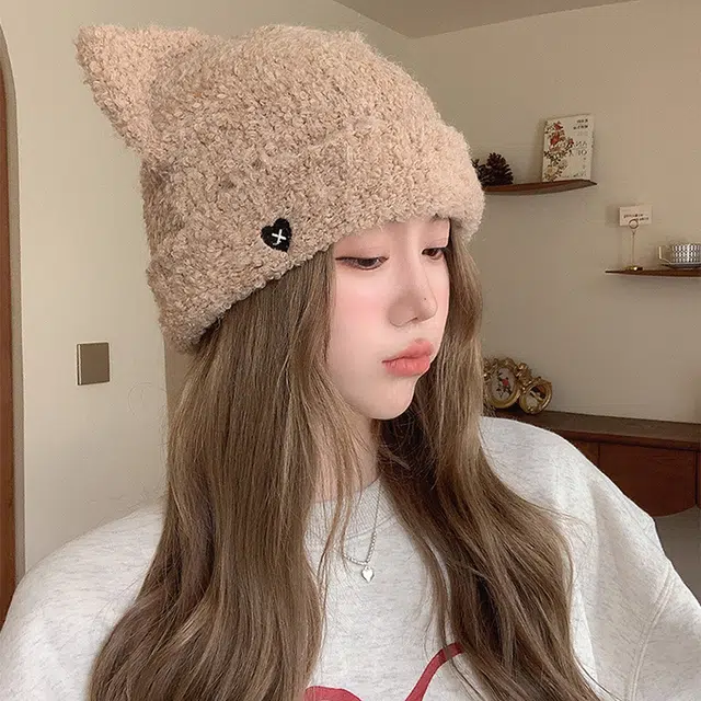 浪莎 冬季针织帽子女生可爱猫耳朵爱心刺绣毛线帽大头围显脸小保暖护耳帽 涤纶 绒线帽 女款