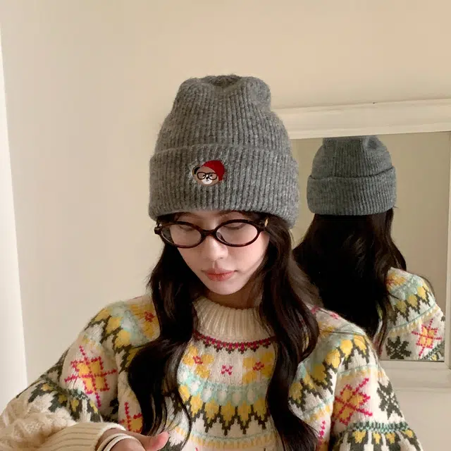 浪莎 日系卡通小熊刺绣简约轻奢感时尚出街百搭大头围堆堆显脸小 聚酯纤维 绒线帽 男女同款情侣款