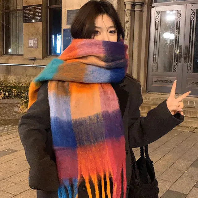 浪莎 落日黄昏 超有氛围感加厚马海毛格子彩色围礼盒装 聚酯纤维 绒线围巾 男女同款情侣款