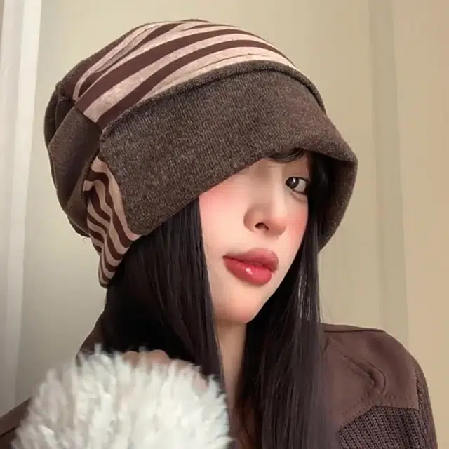 浪莎 冷帽高级感条纹拼色保暖针织帽小众设计显脸小堆堆帽 棉  绒线帽 男女同款情侣款