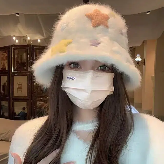 浪莎 小清新学院风星星渔夫帽女生秋冬季可爱毛绒帽子保暖显脸小水桶帽 涤纶 渔夫帽 女款