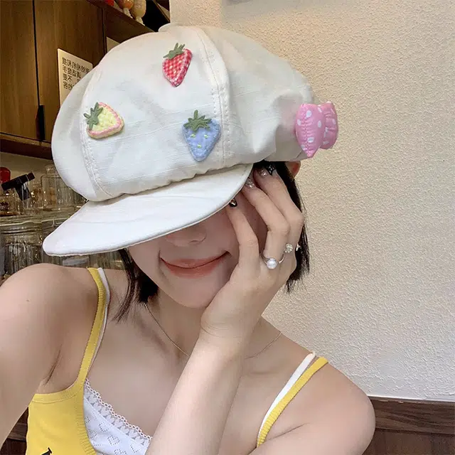 浪莎 甜妹草莓蝴蝶结大头围云朵显脸小 棉 贝雷帽 女款