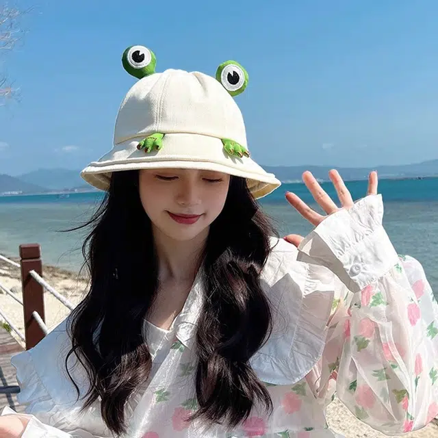 浪莎 卡通可爱搞怪小青蛙度假出游街拍百搭 棉 渔夫帽 男女同款情侣款