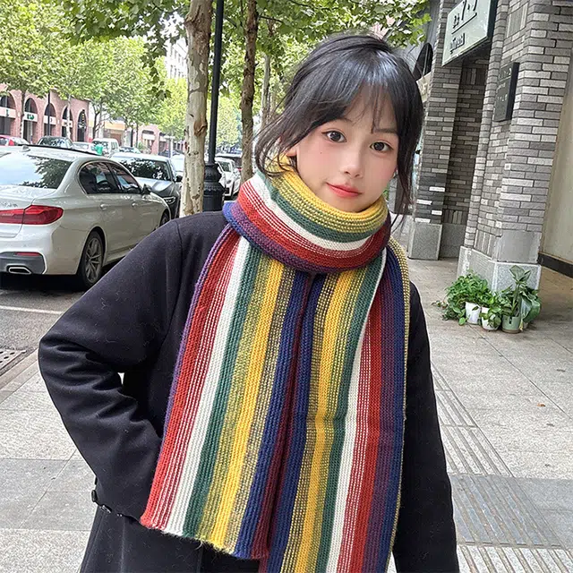【个性撞色】 浪莎 彩虹岛屿氛围感针织撞色围巾冬季保暖加厚百搭毛线围脖加厚 男女同款情侣款 绒线围巾 男女同款情侣款