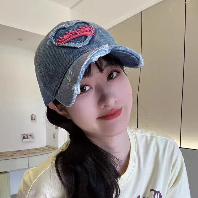 浪莎 春夏季爱心水洗做旧牛仔刺绣棒球帽户外出行甜酷辣妹防晒遮阳时尚潮流百搭大头围显脸小 棉 鸭舌帽 男女同款情侣款