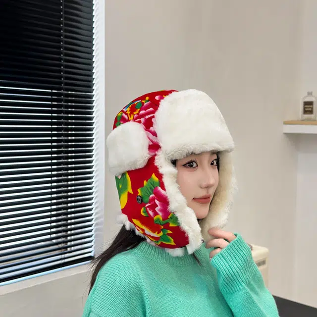 浪莎 民族风复古东北特色大花帽男女情侣款大花布雷锋帽冬季可爱护耳防寒趣味拍照绒线帽 涤纶 绒线帽 男女同款情侣款