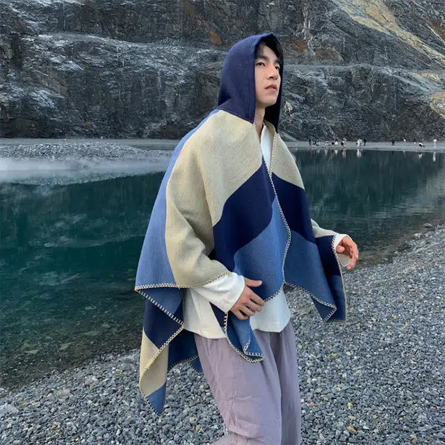 浪莎 拼色条纹连帽斗篷披肩民族风旅游外搭保暖高级感围巾 男女同款情侣款 礼盒装 披肩 男女同款情侣款