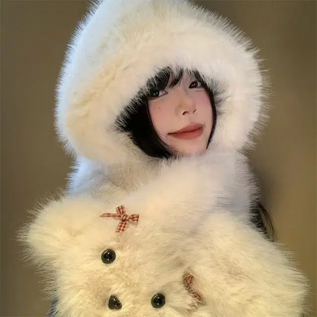 浪莎 超暖和可爱蝴蝶结小狗毛绒帽女生冬季帽子围巾一体百搭防寒保暖护耳雷锋帽 涤纶 绒线帽 女款