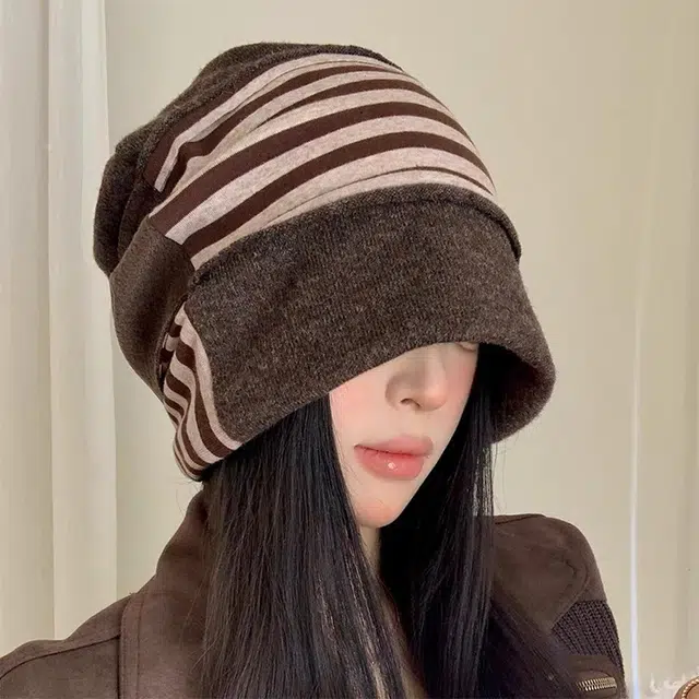 浪莎 冷帽高级感条纹拼色保暖针织帽小众设计显脸小堆堆帽 棉  绒线帽 男女同款情侣款