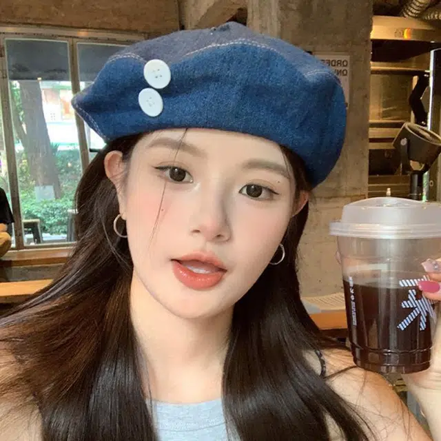 浪莎 甜美纽扣牛仔韩版蓓蕾画家大头围显脸小云朵 棉 贝雷帽 女款