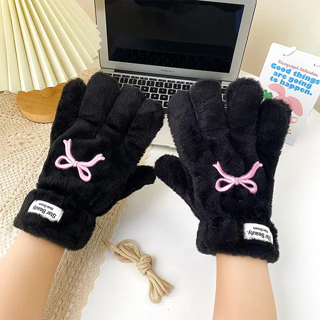 浪莎 五指蝴蝶结手套女生冬天加绒加厚保暖可爱分指冬季学生骑车开车手套围脖围巾两件套 涤纶 绒线手套 女款