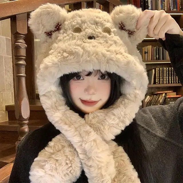 浪莎 可爱小熊帽子围巾一体秋冬季毛绒加厚保暖围脖护耳 涤纶 绒线帽 女款