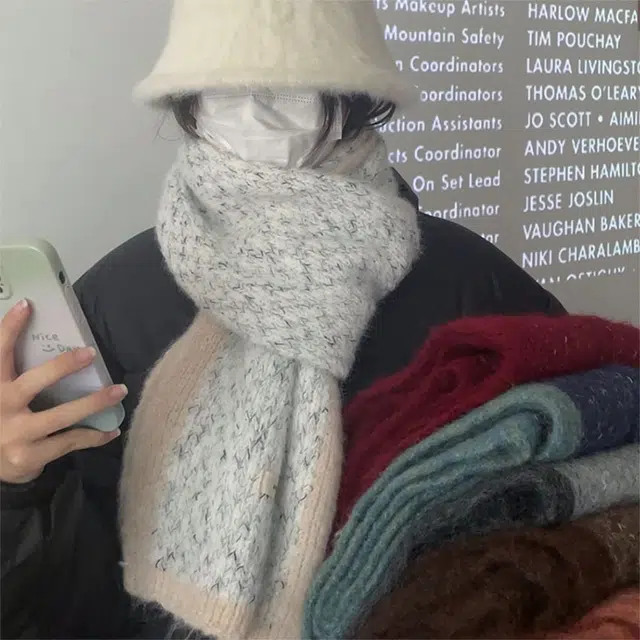 浪莎 氛围感混线边框绒线围巾男女生秋冬季高级感百搭撞色保暖学生情侣围脖披肩 礼盒装 绒线围巾 男女同款情侣款