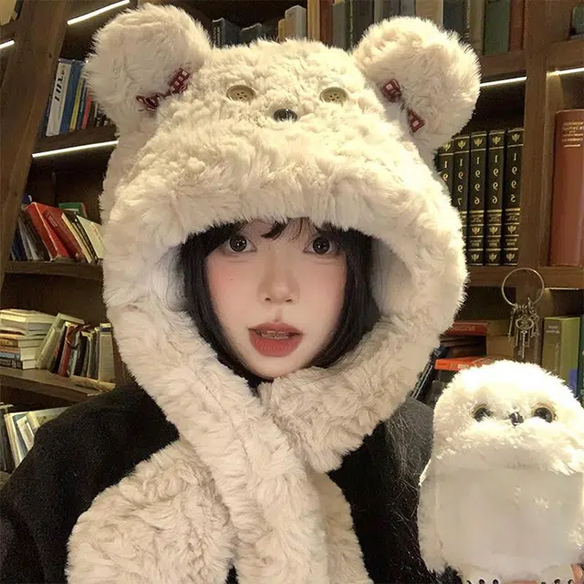浪莎 可爱小熊帽子围巾一体秋冬季毛绒加厚保暖围脖护耳 涤纶 绒线帽 女款