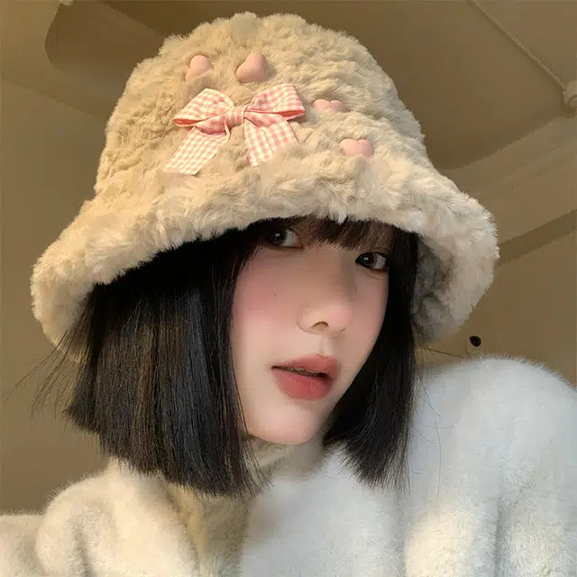 浪莎 软软糯糯百搭蝴蝶结星星毛绒渔夫帽女生可爱百搭保暖加厚显脸小盆帽 涤纶 渔夫帽 女款
