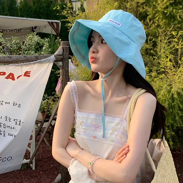浪莎 薄荷曼波甜心遮阳大头围显脸小出游防晒大帽檐 棉 渔夫帽 女款