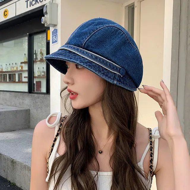 浪莎 秋冬韩版个性潮品时尚英伦短帽檐牛仔帽子女款显脸小贝雷帽 棉 贝雷帽 女款