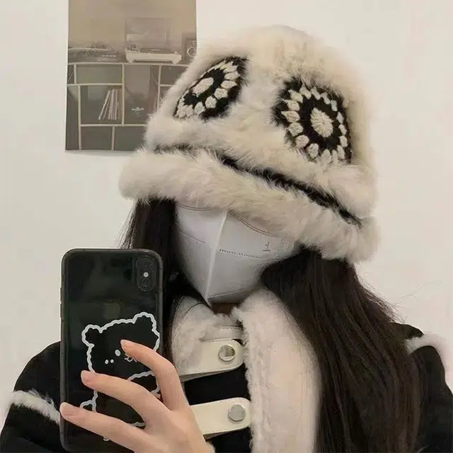 浪莎 国潮兔毛醒狮帽毛绒帽子女款冬季季可爱毛茸茸虎头帽中国风氛围感针织渔夫帽 兔毛 绒线帽 女款
