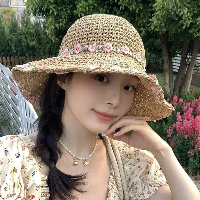 浪莎 薄荷曼波小清新花朵织带草帽大帽檐沙滩露营纯欲风出片 遮阳帽 草编 防晒帽 女款