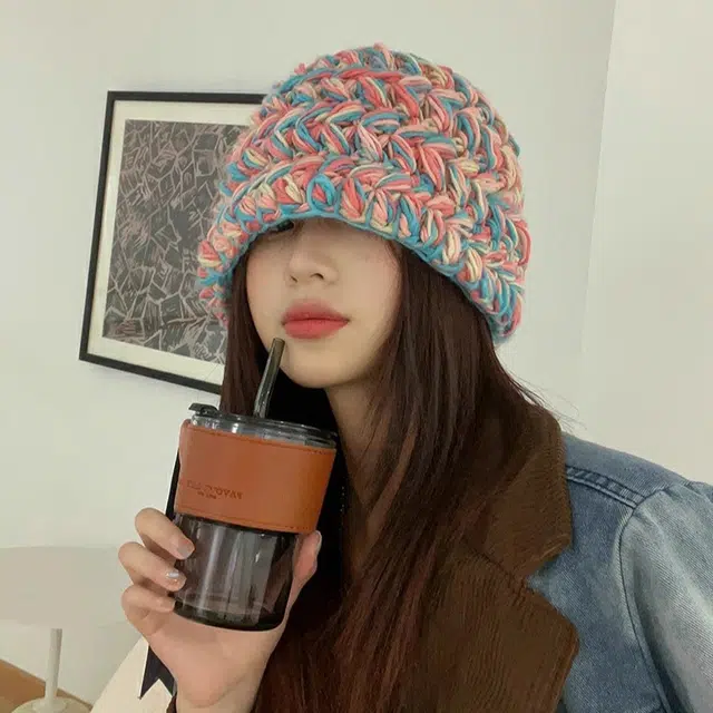 浪莎 小众粗针织混色手工绒线帽女生秋冬季彩色线保暖针织帽复古渔夫帽盆帽 腈纶 绒线帽 女款