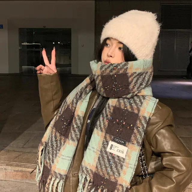 浪莎 彩点糖豆格子流苏围巾秋冬季披肩韩系高级氛围感加厚保暖围脖 男女同款情侣款 礼盒装 绒线围巾 男女同款情侣款