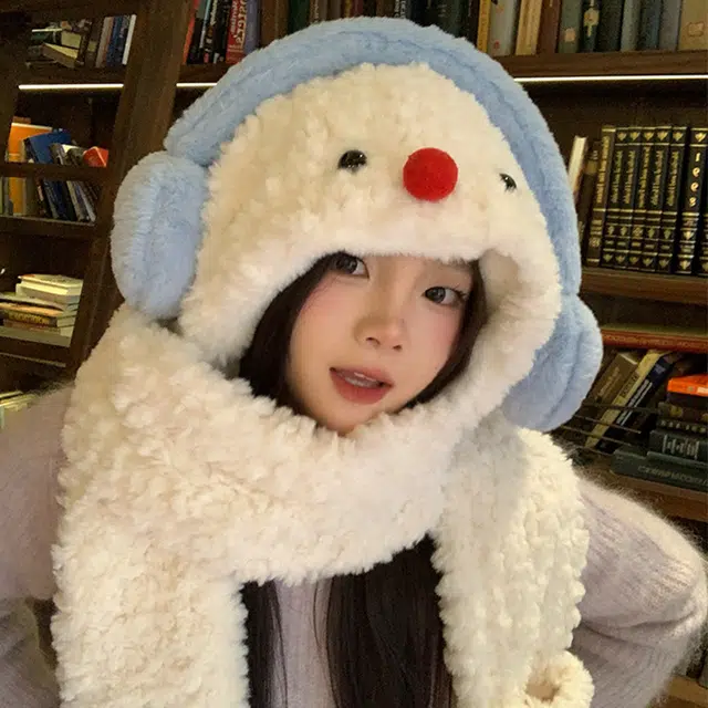 【暖冬力荐】 浪莎 可爱红鼻子小雪人羊羔绒帽子女生学生冬季围巾手套加厚保暖三件套绒线帽 涤纶 绒线帽 女款