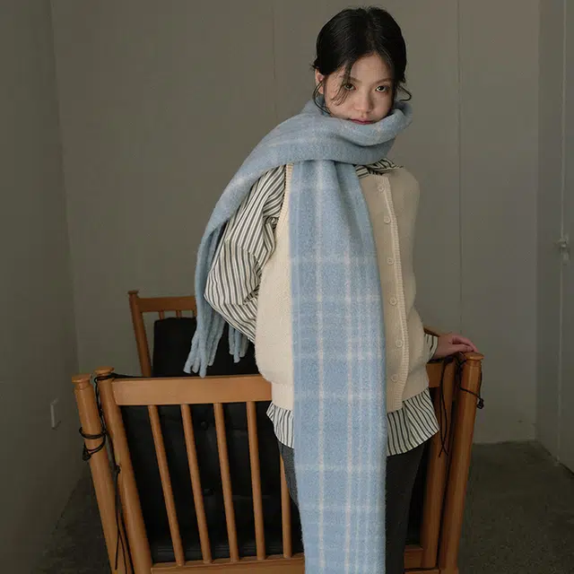 浪莎 韩版圈圈纱复古蓝红色格纹马海毛秋冬季氛围感加大加厚披肩围脖 礼盒装 绒线围巾 男女同款情侣款