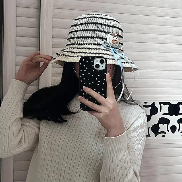 浪莎 甜美可爱蝴蝶结小熊条纹春夏季户外出游防晒遮阳透气百搭显脸小盆帽 腈纶 渔夫帽 男女同款情侣款
