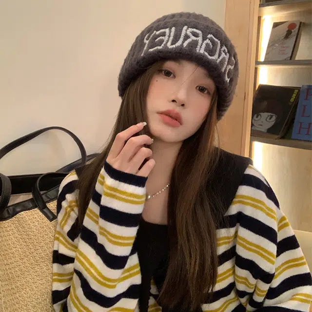 浪莎 秋冬保暖针织帽韩版出游逛街情侣时尚缝线字母百搭毛线包头绒线帽子 男女同款 涤纶 绒线帽 男女同款情侣款