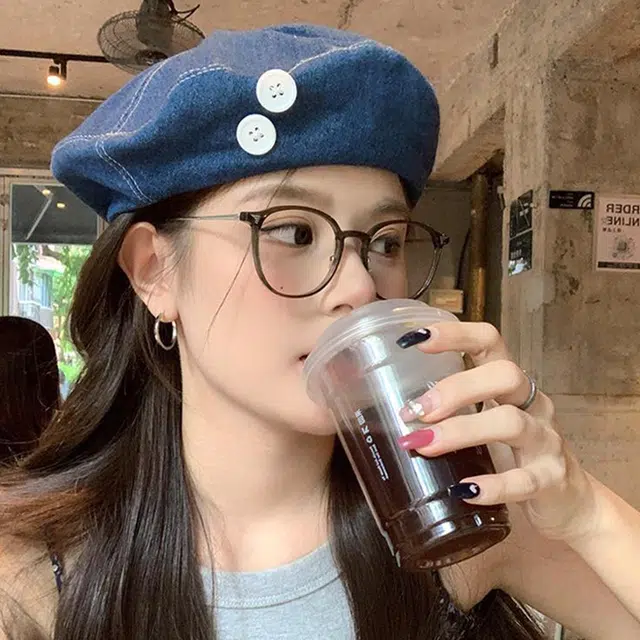 浪莎 甜美纽扣牛仔韩版蓓蕾画家大头围显脸小云朵 棉 贝雷帽 女款