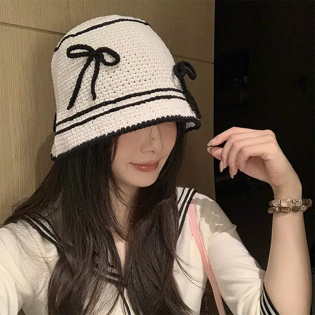 浪莎 韩系甜美蝴蝶结学生秋冬显脸小针织帽出片盆帽 腈纶 渔夫帽 男女同款情侣款
