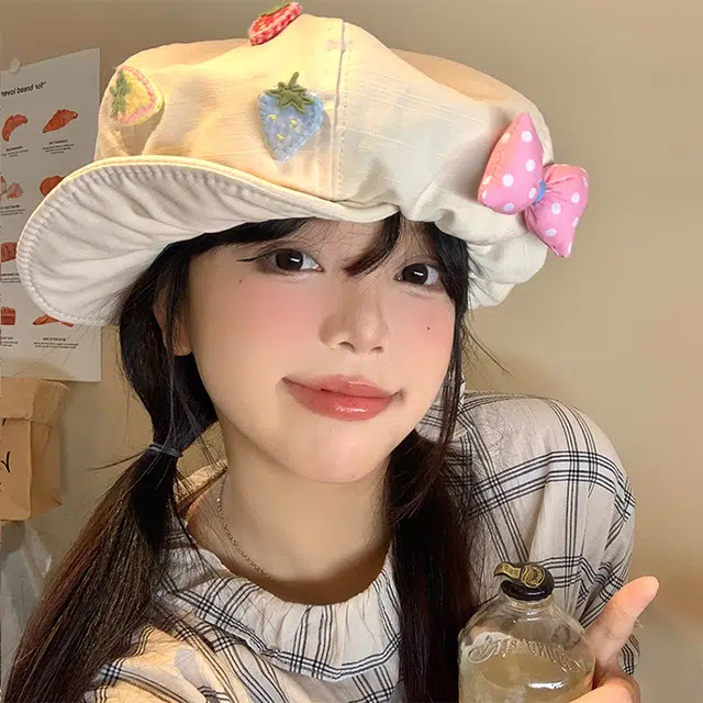 浪莎 甜妹草莓蝴蝶结大头围云朵显脸小 棉 贝雷帽 女款