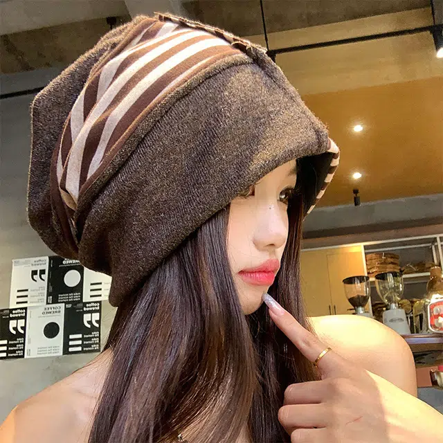 浪莎 冷帽高级感条纹拼色保暖针织帽小众设计显脸小堆堆帽 棉  绒线帽 男女同款情侣款