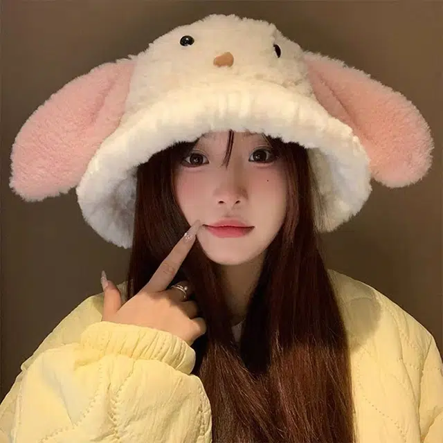 浪莎 小兔耳朵羊羔毛渔夫帽女生秋冬季通勤百搭可爱保暖毛茸茸盆帽学生渔夫帽 涤纶 渔夫帽 女款