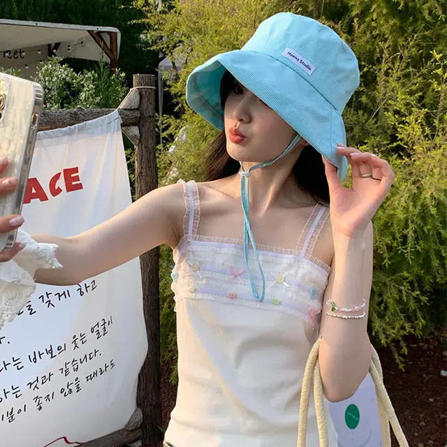 浪莎 薄荷曼波甜心遮阳大头围显脸小出游防晒大帽檐 棉 渔夫帽 女款