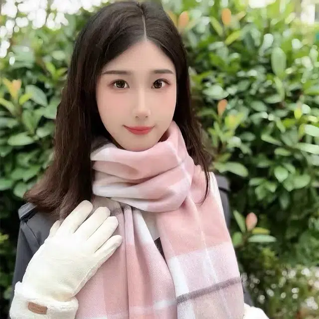 【精选羊毛】 浪莎 粉色系冬季羊毛围巾保暖女士围脖百搭拼色韩系小众高级感格子围巾 礼盒装 绒线围巾 女款
