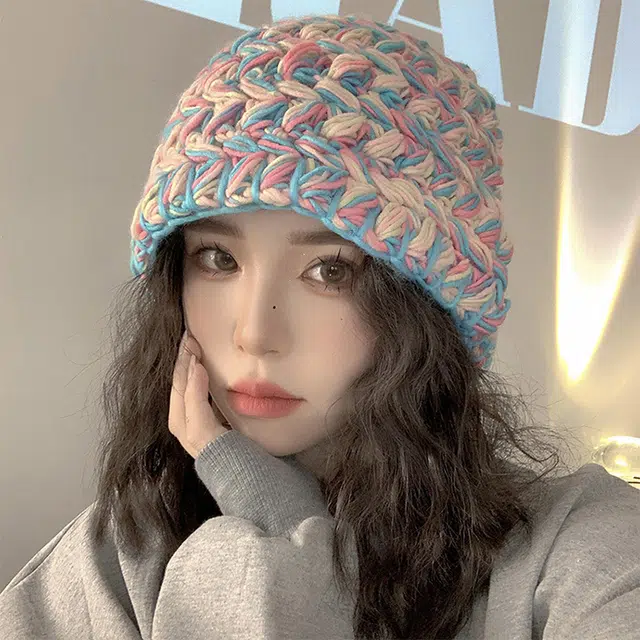 浪莎 小众粗针织混色手工绒线帽女生秋冬季彩色线保暖针织帽复古渔夫帽盆帽 腈纶 绒线帽 女款
