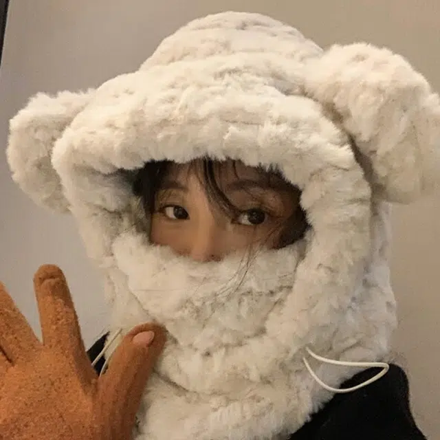浪莎 可爱毛绒小熊护耳绒线帽女生冬季加厚加绒滑雪防寒口罩骑车通勤保暖雷锋帽 涤纶 绒线帽 男女同款情侣款